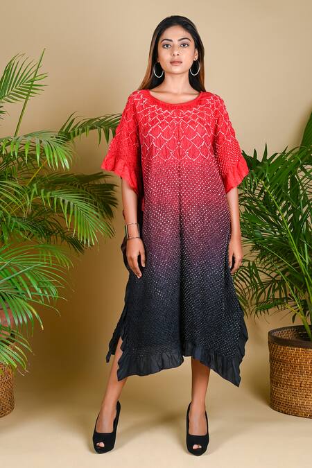 Dyelogue_Black Mulbery Silk Boat Bandhani Dress _Online_at_Aza_Fashions