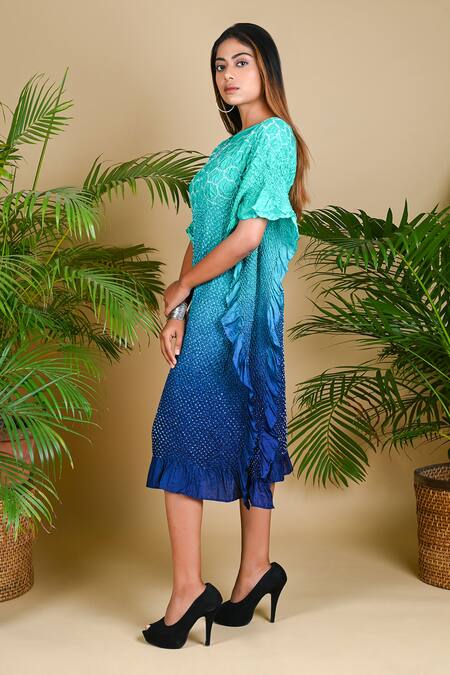 Buy_Dyelogue_Red Mulbery Silk Boat Bandhani Kaftan Dress _Online_at_Aza_Fashions