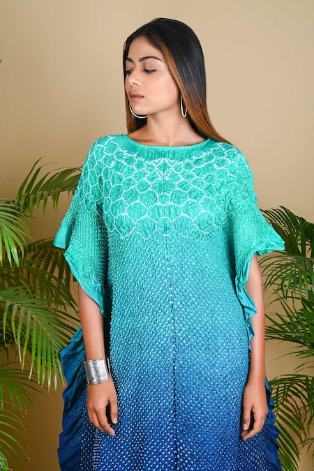 Shop_Dyelogue_Red Mulbery Silk Boat Bandhani Kaftan Dress _Online_at_Aza_Fashions