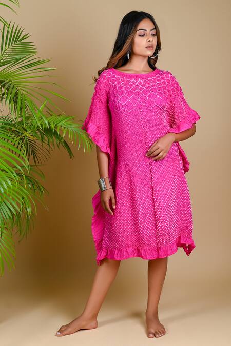 Dyelogue_Pink Mulbery Silk Boat Flared Sleeved Bandhani Dress _Online_at_Aza_Fashions