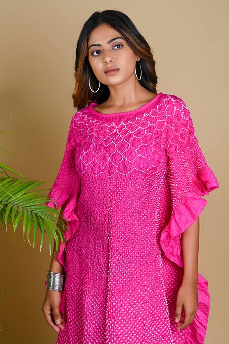 Shop_Dyelogue_Pink Mulbery Silk Boat Flared Sleeved Bandhani Dress _Online_at_Aza_Fashions