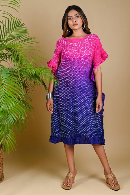 Dyelogue_Pink Mulbery Silk Boat Ruffled Hem Bandhani Dress _Online_at_Aza_Fashions