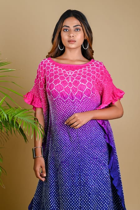 Shop_Dyelogue_Pink Mulbery Silk Boat Ruffled Hem Bandhani Dress _Online_at_Aza_Fashions