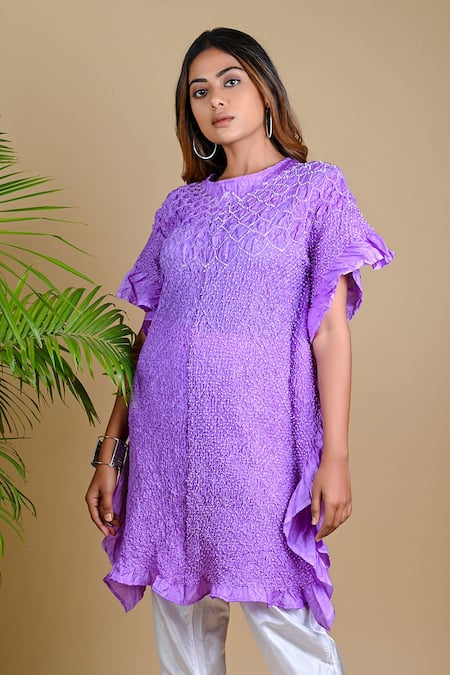 Dyelogue Purple Mulberry Silk Round Short Sleeved Bandhani Kurta