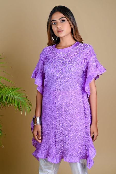 Shop_Dyelogue_Purple Mulberry Silk Round Short Sleeved Bandhani Kurta _Online_at_Aza_Fashions