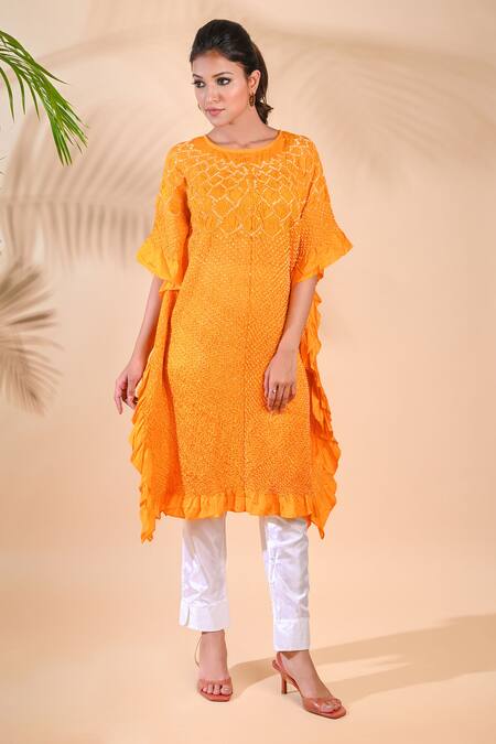 Dyelogue Purple Mulberry Silk Round Bandhani Motif Kurta Online at Aza Fashions Dyelogue_Purple Mulberry Silk Round Bandhani Motif Kurta _Online_at_Aza_Fashions