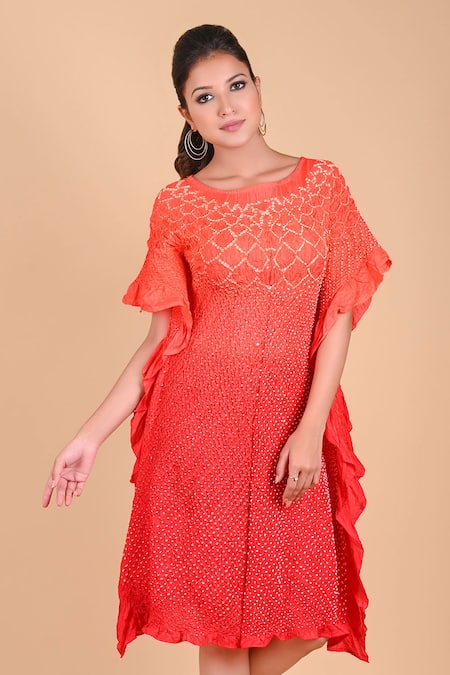 Dyelogue Orange Mulbery Silk Round Bandhani Dress