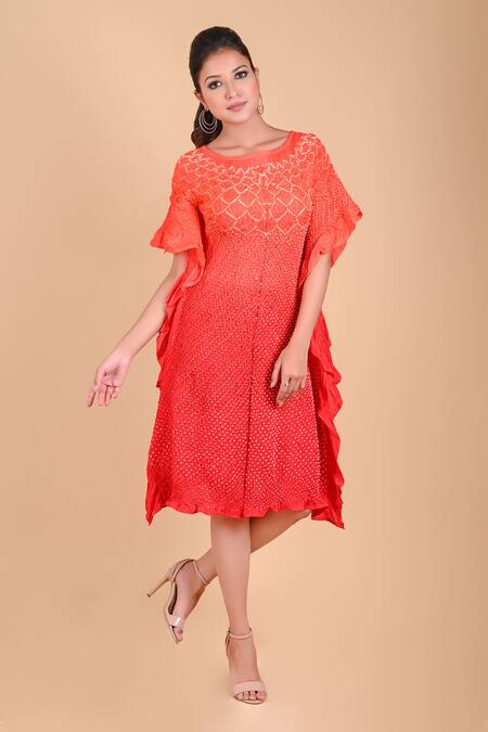 Dyelogue_Orange Mulbery Silk Round Bandhani Dress _Online_at_Aza_Fashions