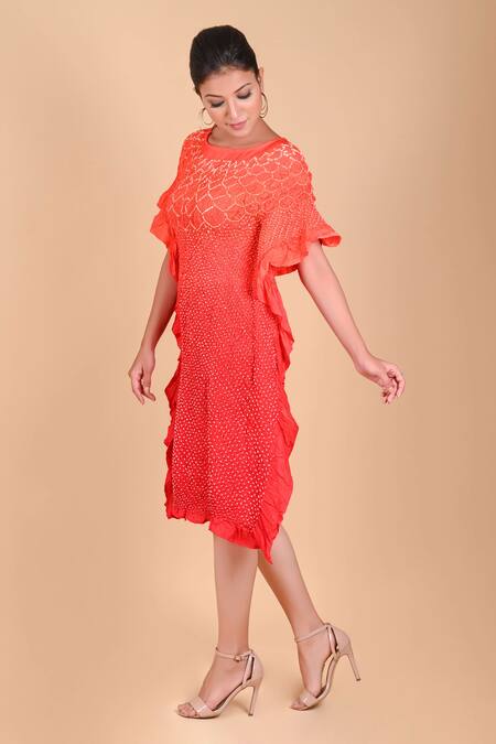 Shop_Dyelogue_Orange Mulbery Silk Round Bandhani Dress _Online_at_Aza_Fashions