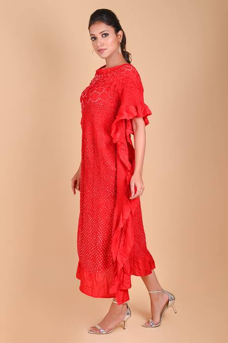Dyelogue_Red Mulbery Silk Boat Bandhani Midi Dress _Online_at_Aza_Fashions
