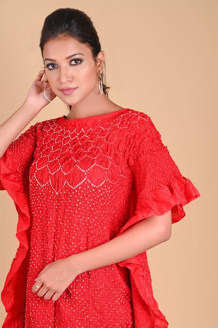 Buy_Dyelogue_Red Mulbery Silk Boat Bandhani Midi Dress _Online_at_Aza_Fashions