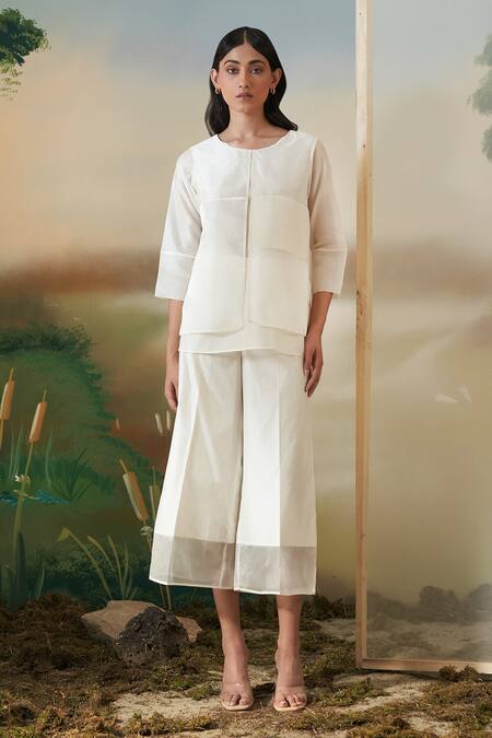 Febo6 Off White Chanderi, Silk Organza Round Neck Top And Pant Set Online at Aza Fashions Febo6_Off White Chanderi, Silk Organza Round Neck Top And Pant Set _Online_at_Aza_Fashions