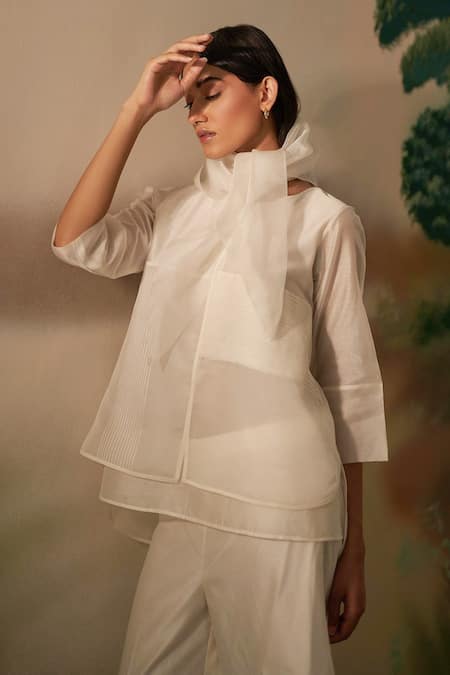 Buy Febo6 Off White Chanderi, Silk Organza Round Neck Top And Pant Set Online at Aza Fashions Buy_Febo6_Off White Chanderi, Silk Organza Round Neck Top And Pant Set _Online_at_Aza_Fashions
