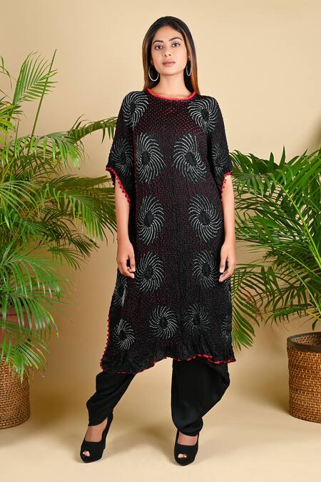 Dyelogue Black Gajji Silk Round Bandhani Kurta Online at Aza Fashions Dyelogue_Black Gajji Silk Round Bandhani Kurta _Online_at_Aza_Fashions
