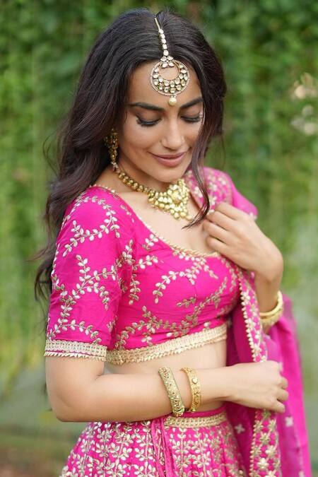 Shop_Gopi Vaid_Pink Dupatta - Organza, Lehenga And Blouse - Cotton Silk Floral Embroidered Set_Online_at_Aza_Fashions