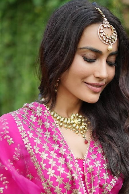 Gopi Vaid_Pink Dupatta - Organza, Lehenga And Blouse - Cotton Silk Floral Embroidered Set_at_Aza_Fashions