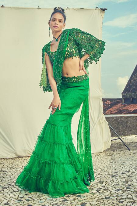 Shop Surily G Green Organza Cutwork Tiered Skirt Saree at Aza Fashions Shop_Surily G_Green Organza Cutwork Tiered Skirt Saree _at_Aza_Fashions
