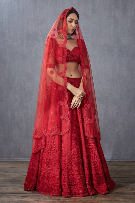 Torani_Red Net Surkh Mrinal Lehenga Set_Online_at_Aza_Fashions