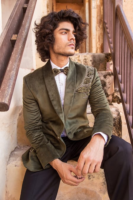 Soniya G_Black Microfiber Embroidery Tuxedo Set_Online_at_Aza_Fashions