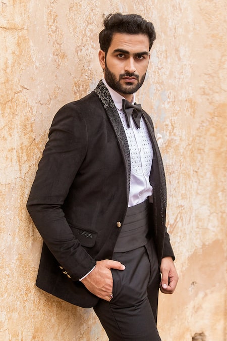 Soniya G_Black Micro Velvet Tuxedo Set _Online_at_Aza_Fashions