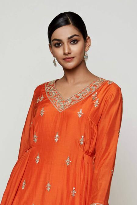 Shop Swati Vijaivargie Orange Cotton Silk V Neck Embroidered Anarkali And Pant Set Online at Aza Fashions Shop_Swati Vijaivargie_Orange Cotton Silk V Neck Embroidered Anarkali And Pant Set _Online_at_Aza_Fashions
