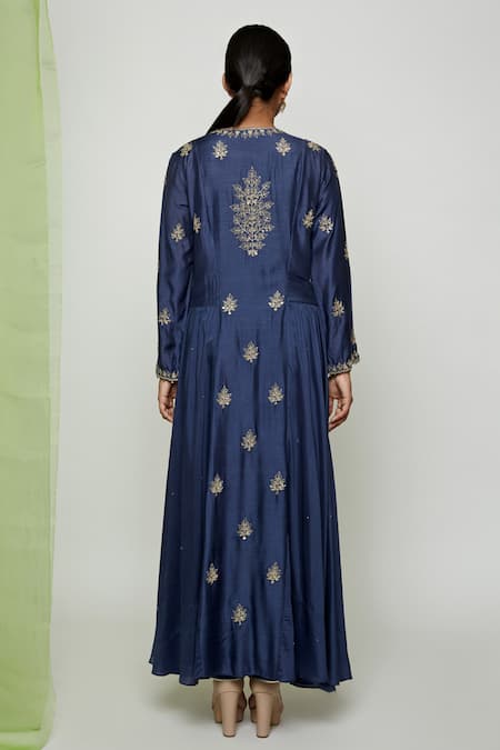 Shop Swati Vijaivargie Blue Cotton Silk Round Embroidered Anarkali And Pant Set at Aza Fashions Shop_Swati Vijaivargie_Blue Cotton Silk Round Embroidered Anarkali And Pant Set _at_Aza_Fashions