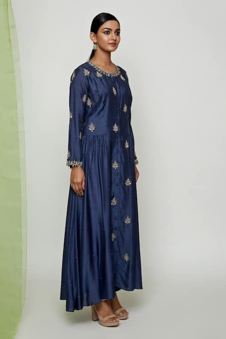 Swati Vijaivargie Blue Cotton Silk Round Embroidered Anarkali And Pant Set Online at Aza Fashions Swati Vijaivargie_Blue Cotton Silk Round Embroidered Anarkali And Pant Set _Online_at_Aza_Fashions