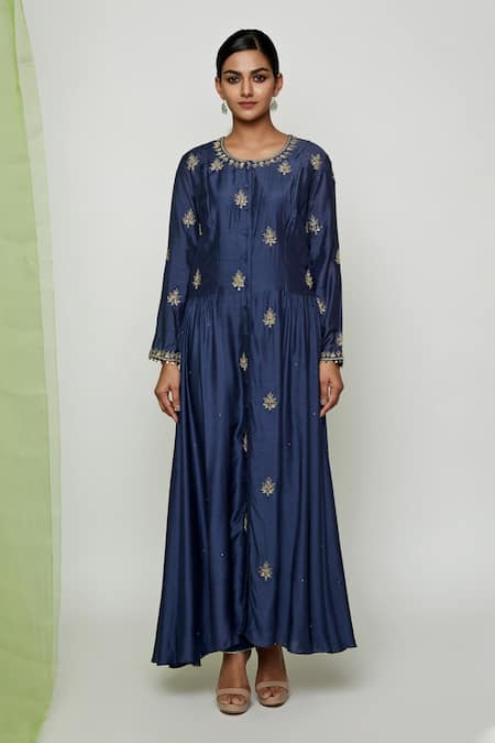 Buy Swati Vijaivargie Blue Cotton Silk Round Embroidered Anarkali And Pant Set Online at Aza Fashions Buy_Swati Vijaivargie_Blue Cotton Silk Round Embroidered Anarkali And Pant Set _Online_at_Aza_Fashions