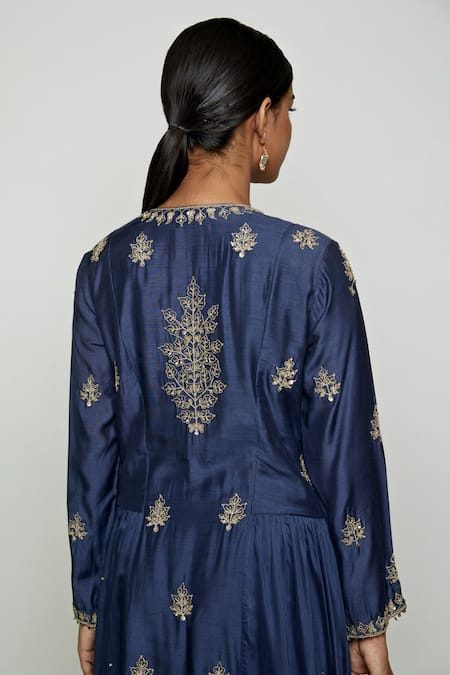 Shop Swati Vijaivargie Blue Cotton Silk Round Embroidered Anarkali And Pant Set Online at Aza Fashions Shop_Swati Vijaivargie_Blue Cotton Silk Round Embroidered Anarkali And Pant Set _Online_at_Aza_Fashions