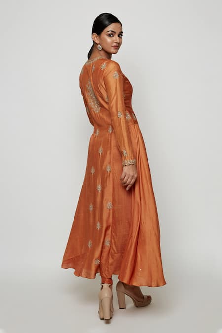 Shop Swati Vijaivargie Brown Cotton Silk Round Embroidered Anarkali And Pant Set at Aza Fashions Shop_Swati Vijaivargie_Brown Cotton Silk Round Embroidered Anarkali And Pant Set _at_Aza_Fashions