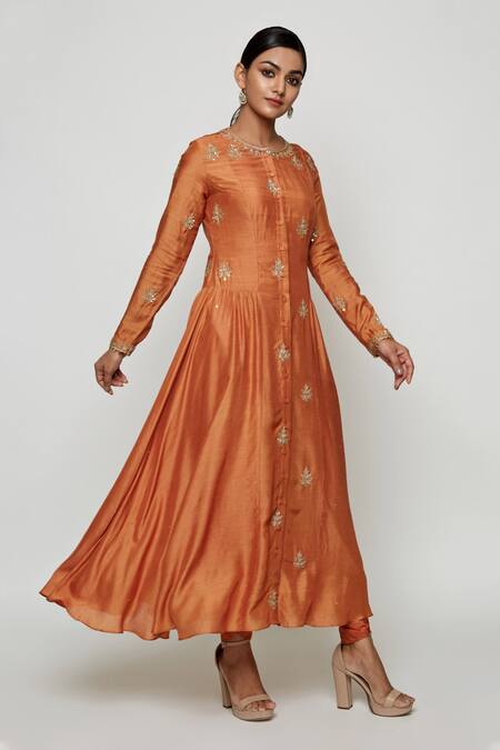 Swati Vijaivargie Brown Cotton Silk Round Embroidered Anarkali And Pant Set Online at Aza Fashions Swati Vijaivargie_Brown Cotton Silk Round Embroidered Anarkali And Pant Set _Online_at_Aza_Fashions