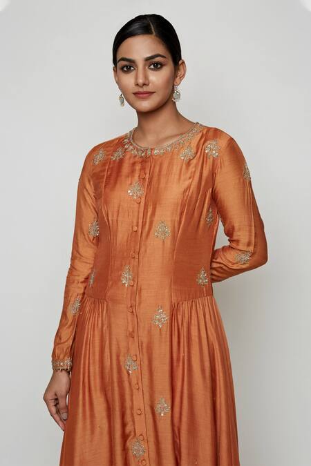 Shop Swati Vijaivargie Brown Cotton Silk Round Embroidered Anarkali And Pant Set Online at Aza Fashions Shop_Swati Vijaivargie_Brown Cotton Silk Round Embroidered Anarkali And Pant Set _Online_at_Aza_Fashions