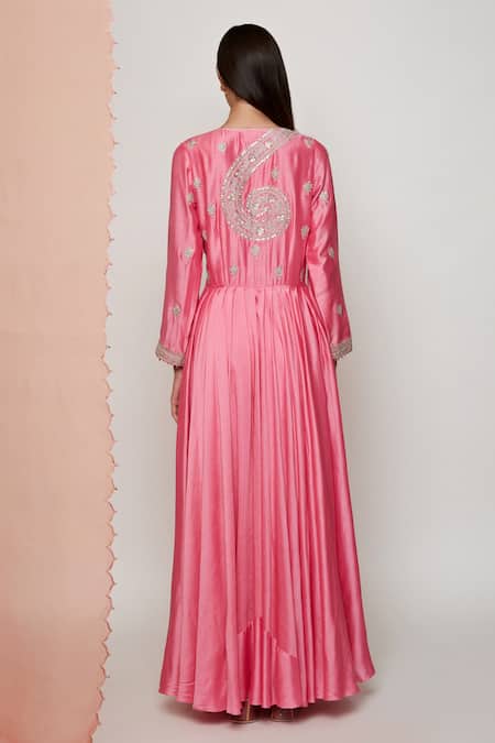 Shop Swati Vijaivargie Pink Cotton Silk V Neck Embroidered Anarkali at Aza Fashions Shop_Swati Vijaivargie_Pink Cotton Silk V Neck Embroidered Anarkali _at_Aza_Fashions