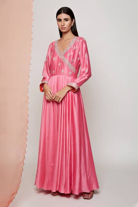 Swati Vijaivargie Pink Cotton Silk V Neck Embroidered Anarkali Online at Aza Fashions Swati Vijaivargie_Pink Cotton Silk V Neck Embroidered Anarkali _Online_at_Aza_Fashions