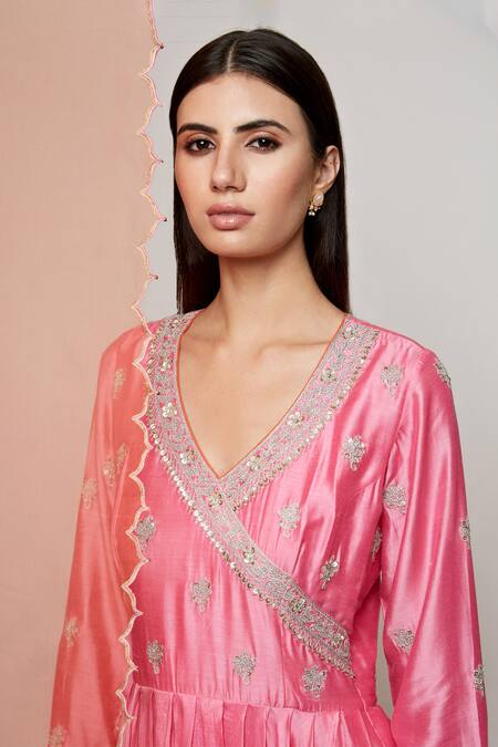 Shop Swati Vijaivargie Pink Cotton Silk V Neck Embroidered Anarkali Online at Aza Fashions Shop_Swati Vijaivargie_Pink Cotton Silk V Neck Embroidered Anarkali _Online_at_Aza_Fashions