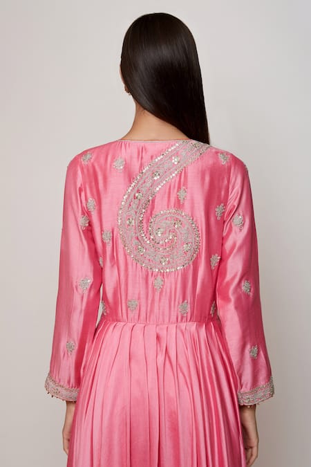 Swati Vijaivargie Pink Cotton Silk V Neck Embroidered Anarkali at Aza Fashions Swati Vijaivargie_Pink Cotton Silk V Neck Embroidered Anarkali _at_Aza_Fashions