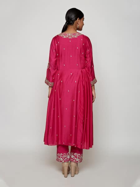 Shop Swati Vijaivargie Pink Cotton Silk V Neck Embroidered Anarkali And Pant Set at Aza Fashions Shop_Swati Vijaivargie_Pink Cotton Silk V Neck Embroidered Anarkali And Pant Set _at_Aza_Fashions