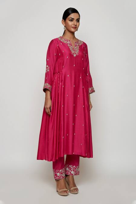 Buy Swati Vijaivargie Pink Cotton Silk V Neck Embroidered Anarkali And Pant Set Online at Aza Fashions Buy_Swati Vijaivargie_Pink Cotton Silk V Neck Embroidered Anarkali And Pant Set _Online_at_Aza_Fashions
