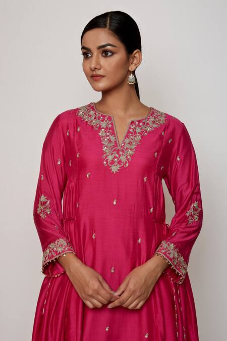 Shop Swati Vijaivargie Pink Cotton Silk V Neck Embroidered Anarkali And Pant Set Online at Aza Fashions Shop_Swati Vijaivargie_Pink Cotton Silk V Neck Embroidered Anarkali And Pant Set _Online_at_Aza_Fashions