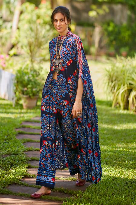 Shop Sva By Sonam & Paras Modi Blue Crepe Silk Printed Floral Band Collar Kaftan Tunic And Pant Set at Aza Fashions Shop_Sva By Sonam & Paras Modi_Blue Crepe Silk Printed Floral Band Collar Kaftan Tunic And Pant Set_at_Aza_Fashions