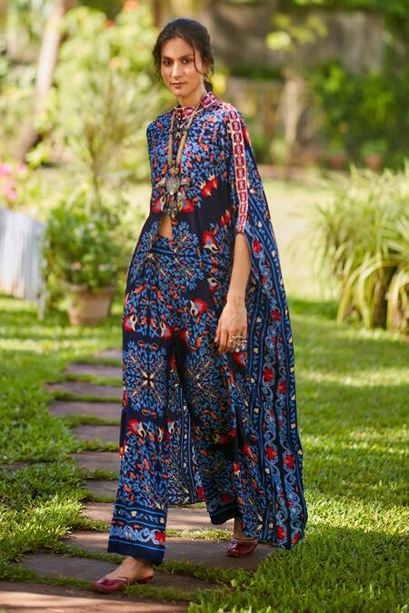Sva By Sonam & Paras Modi Blue Crepe Silk Printed Floral Band Collar Kaftan Tunic And Pant Set