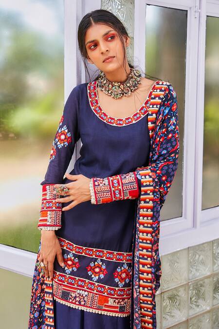 Sva By Sonam & Paras Modi Blue Silk Embroidery Geometric Round Kurta Sharara Set