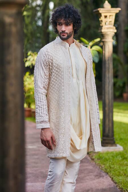 Sva By Sonam & Paras Modi Beige Silk Embroidery Geometric Jacket