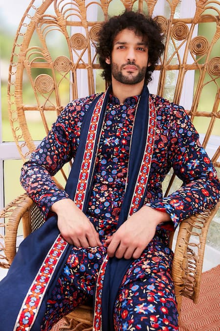 Shop Sva By Sonam & Paras Modi Blue Crepe Silk Floral Print Kurta Set at Aza Fashions Shop_Sva By Sonam & Paras Modi_Blue Crepe Silk Floral Print Kurta Set_at_Aza_Fashions