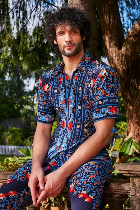 Buy Blue Crepe Silk Printed Floral Shirt And Pant Set For Men by