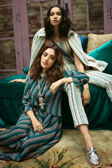 Sva By Sonam & Paras Modi Blue Crepe Silk Printed And Embellished Leaf Round Tie-up Tunic Online at Aza Fashions Sva By Sonam & Paras Modi_Blue Crepe Silk Printed And Embellished Leaf Round Tie-up Tunic_Online_at_Aza_Fashions