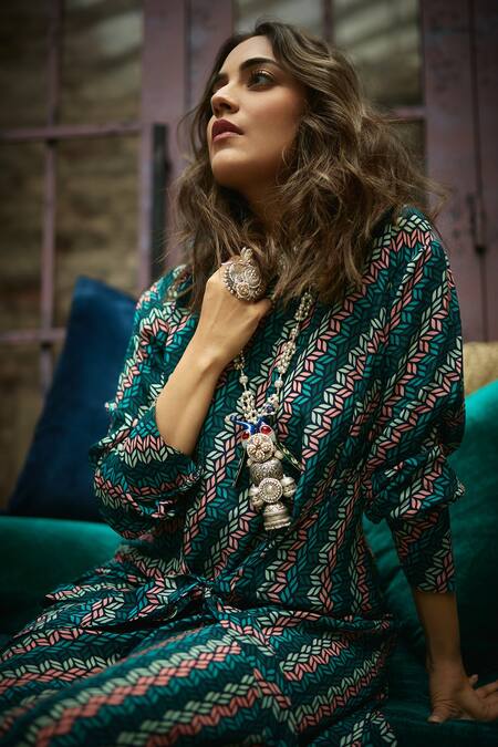 Buy Sva By Sonam & Paras Modi Blue Crepe Silk Printed And Embellished Leaf Round Tie-up Tunic Online at Aza Fashions Buy_Sva By Sonam & Paras Modi_Blue Crepe Silk Printed And Embellished Leaf Round Tie-up Tunic_Online_at_Aza_Fashions