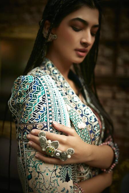 Sva By Sonam & Paras Modi_Multi Color Crepe Silk Mor Jaal Print V Neck Tunic And Pant Set_Online_at_Aza_Fashions