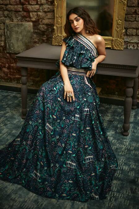 Shop Sva By Sonam & Paras Modi Blue Crepe Silk Floral, Mor Asymmetric Print Blouse And Lehenga Set at Aza Fashions Shop_Sva By Sonam & Paras Modi_Blue Crepe Silk Floral, Mor Asymmetric Print Blouse And Lehenga Set_at_Aza_Fashions
