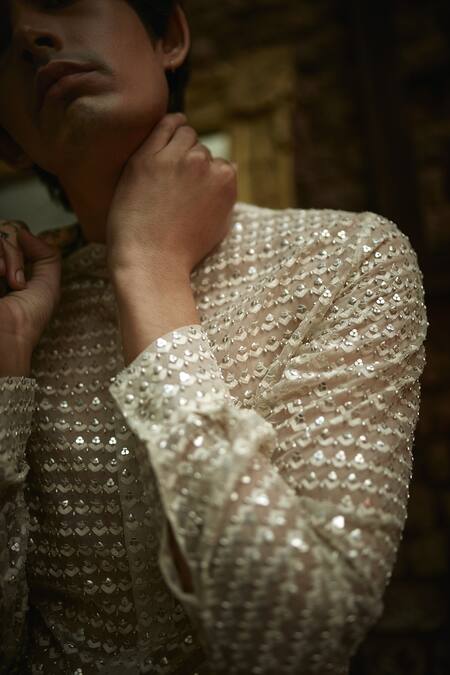 Shop Sva By Sonam & Paras Modi Beige Organza Embroidery Sequin Jacket And Pant Set at Aza Fashions Shop_Sva By Sonam & Paras Modi_Beige Organza Embroidery Sequin Jacket And Pant Set_at_Aza_Fashions